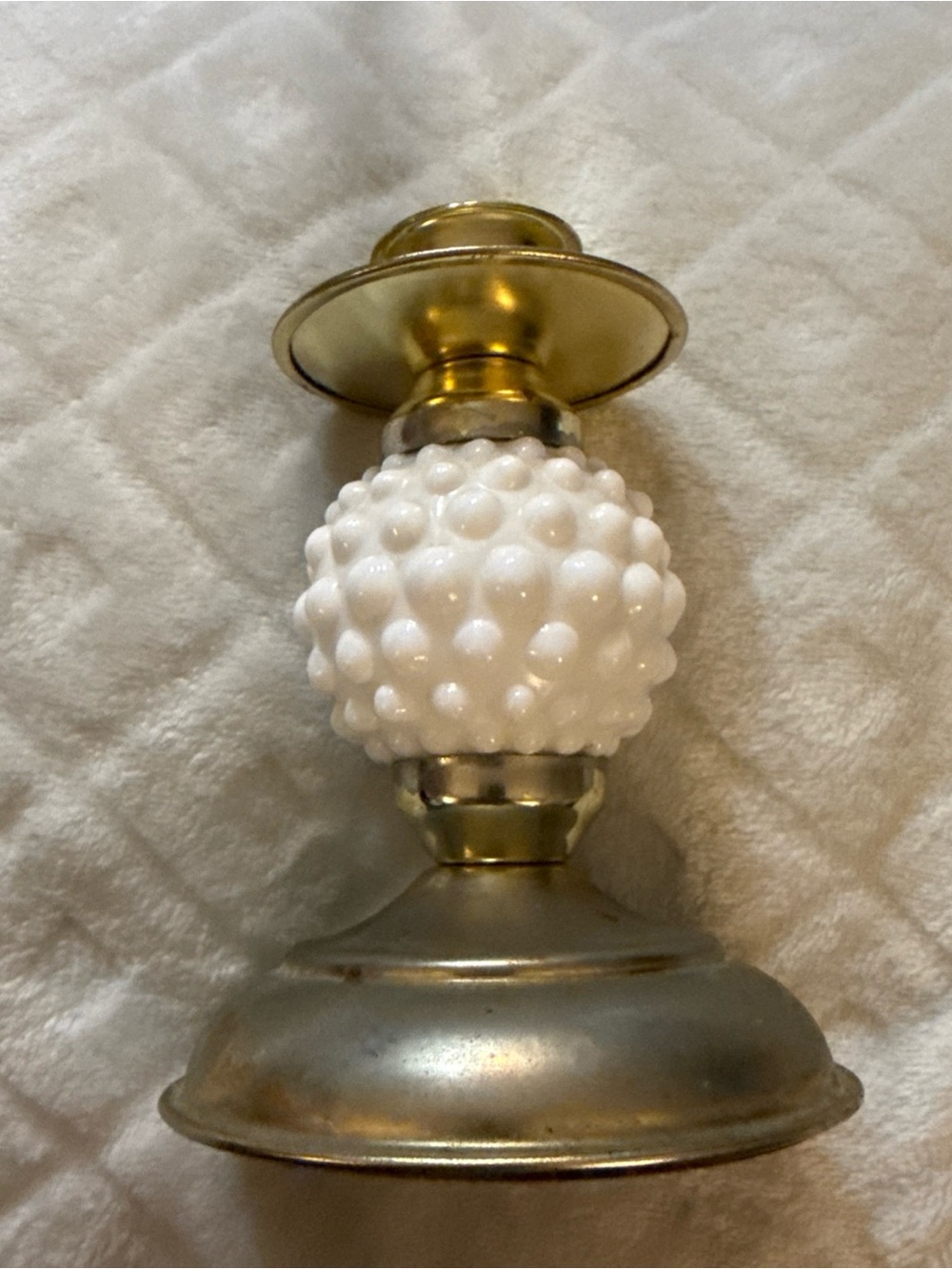 Cottage Core Milk-glass, hobnail candle stick holder brass base-